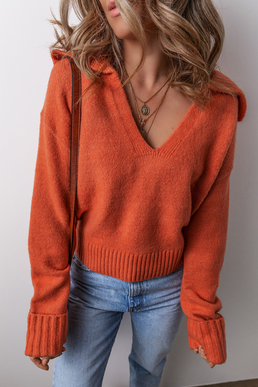 Flamingo Collared V Neck Ribbed Edge Sexy Elegant Sweater