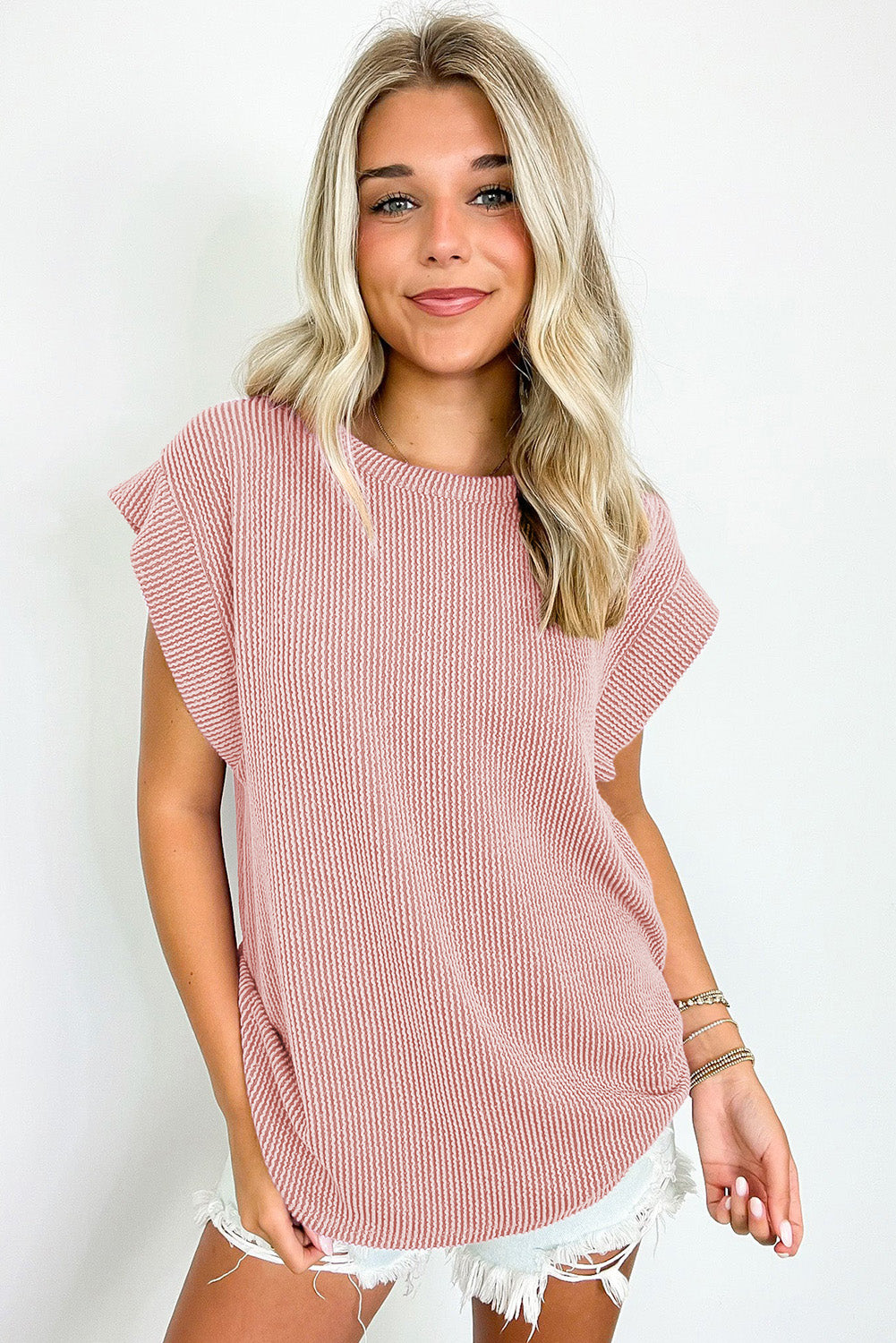 Dirty blue Twisted Rib Wide Sleeve Crew Neck T Shirt