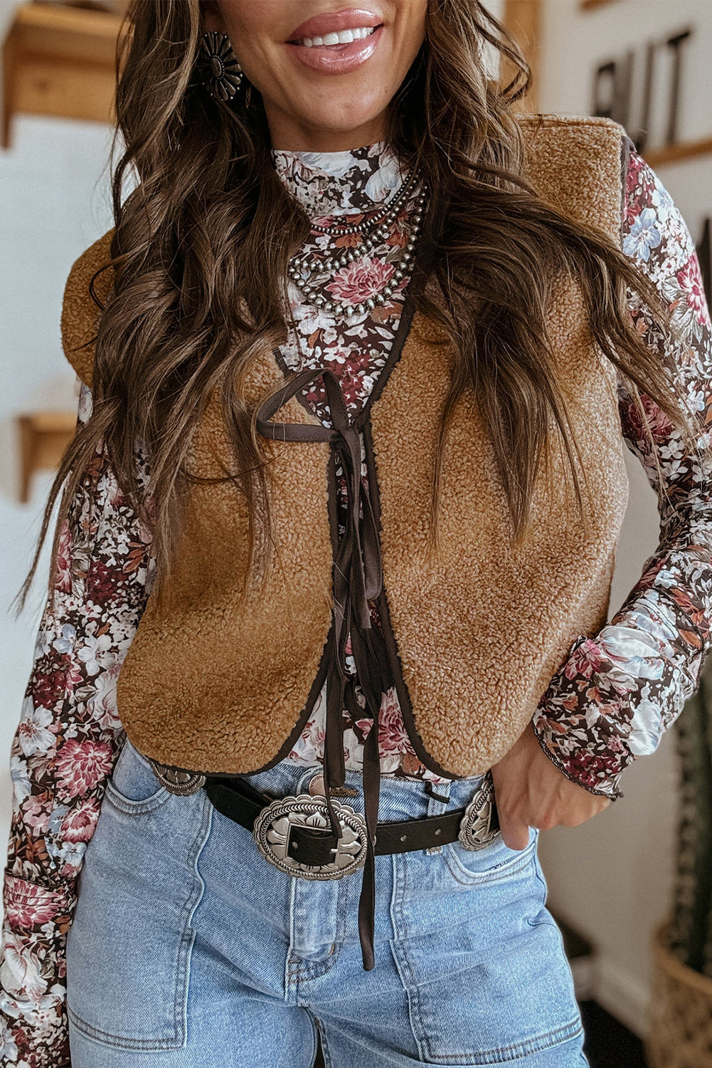 Light French Beige Contrast Trim Tie Front Sherpa Vest