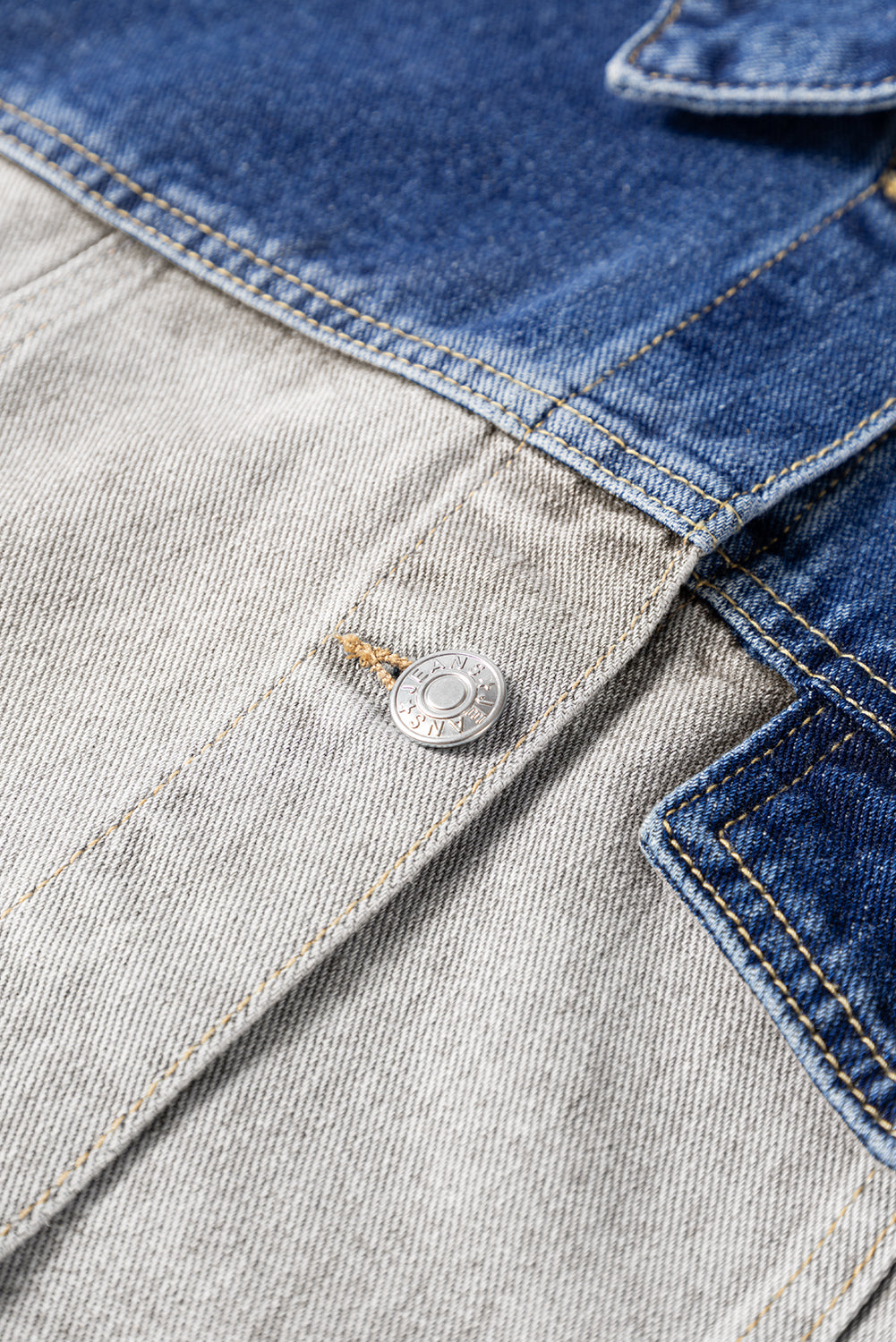 Dusk Blue Color Block Patchwork Flap Detail Distress Denim Jacket