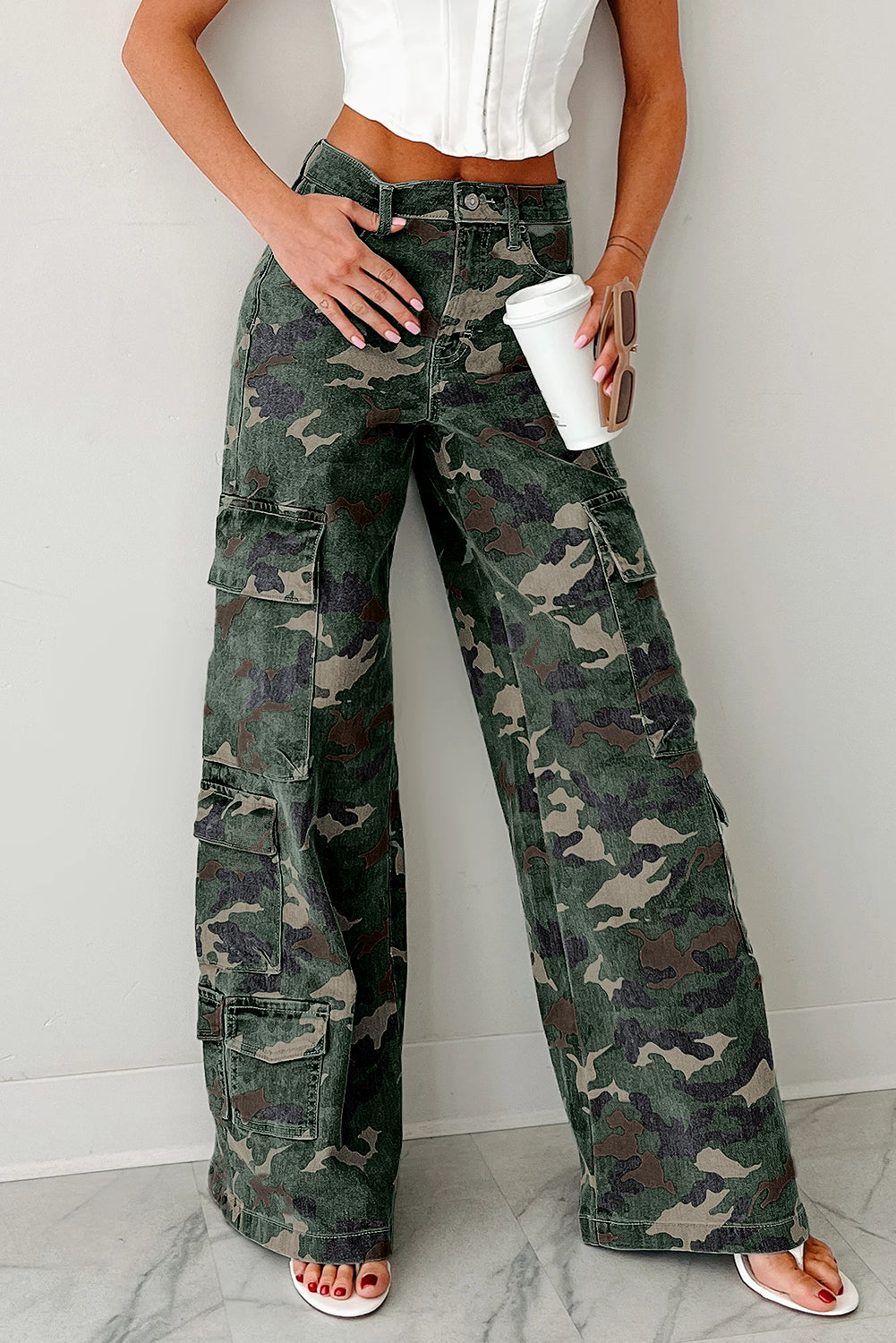 Green Camo Cargo Wide Leg Pants