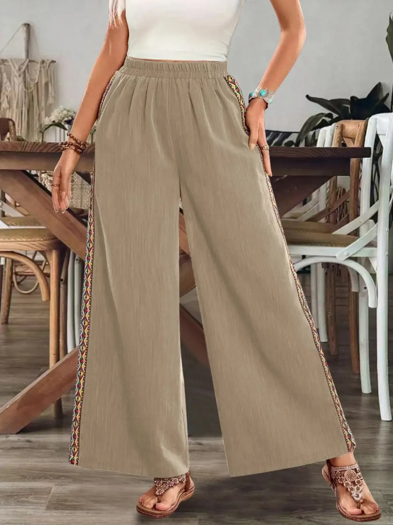 Bohemian Wide Leg Embroidered Side Stripe Pants