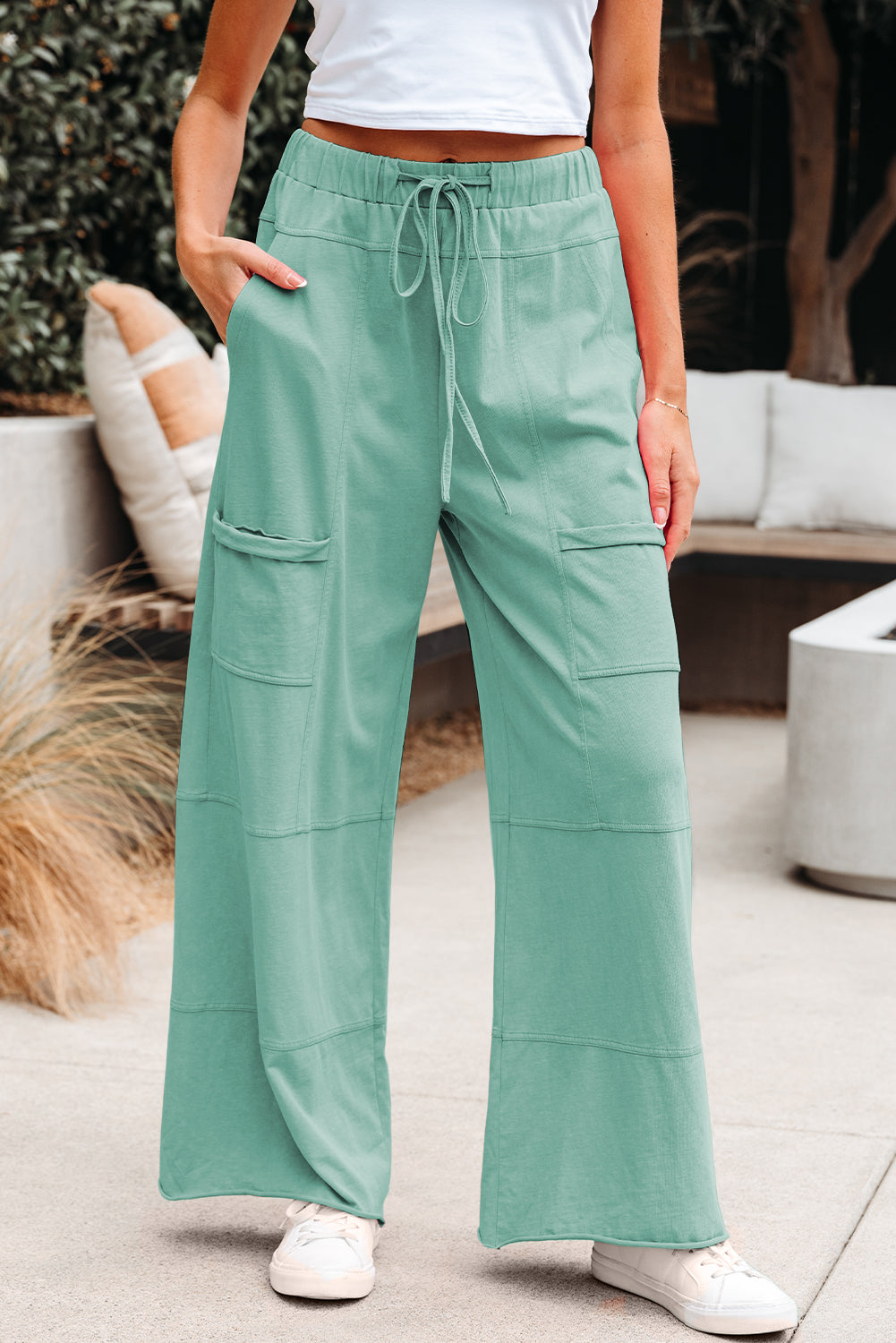 Smoke Gray Mineral Wash Exposed Seam Drawstring Elastic Waistband Wide Leg Cargo Pants