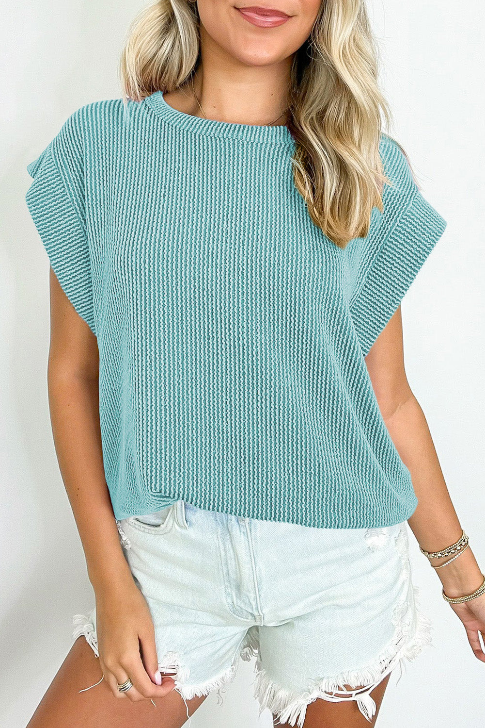 Dirty blue Twisted Rib Wide Sleeve Crew Neck T Shirt