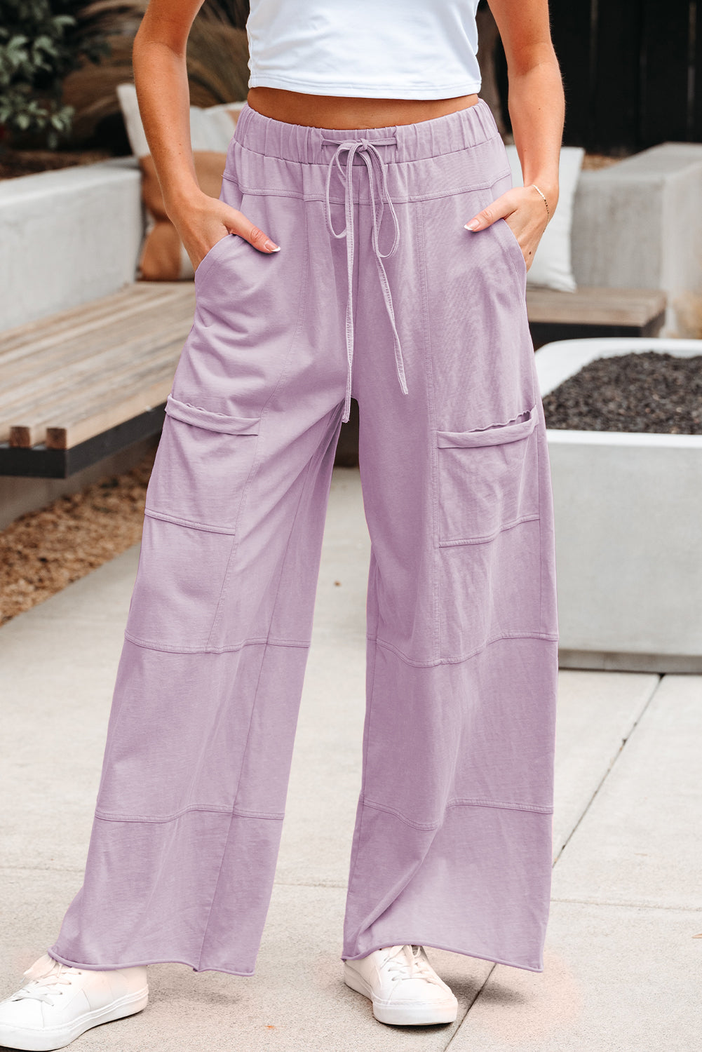 Smoke Gray Mineral Wash Exposed Seam Drawstring Elastic Waistband Wide Leg Cargo Pants