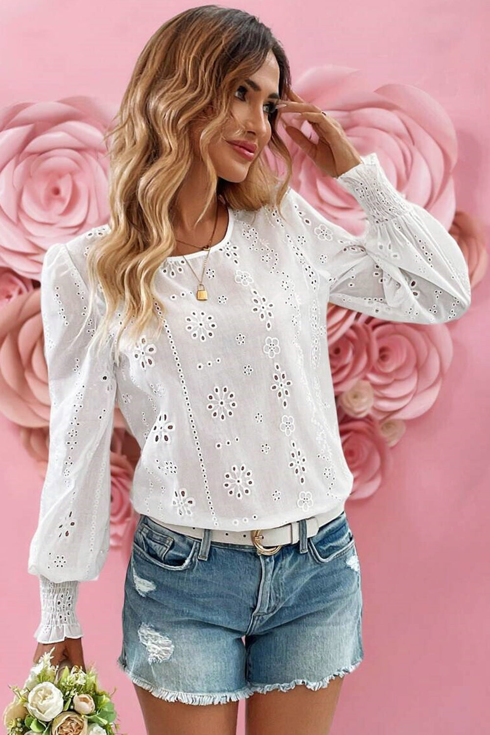 White Eyelet Embroidered Smocked Cuff Sheer Blouse