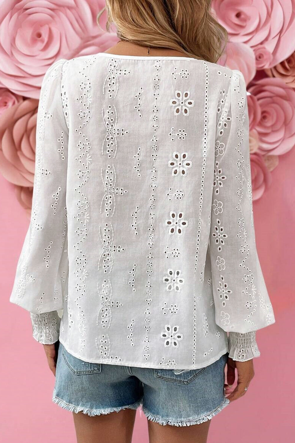 White Eyelet Embroidered Smocked Cuff Sheer Blouse