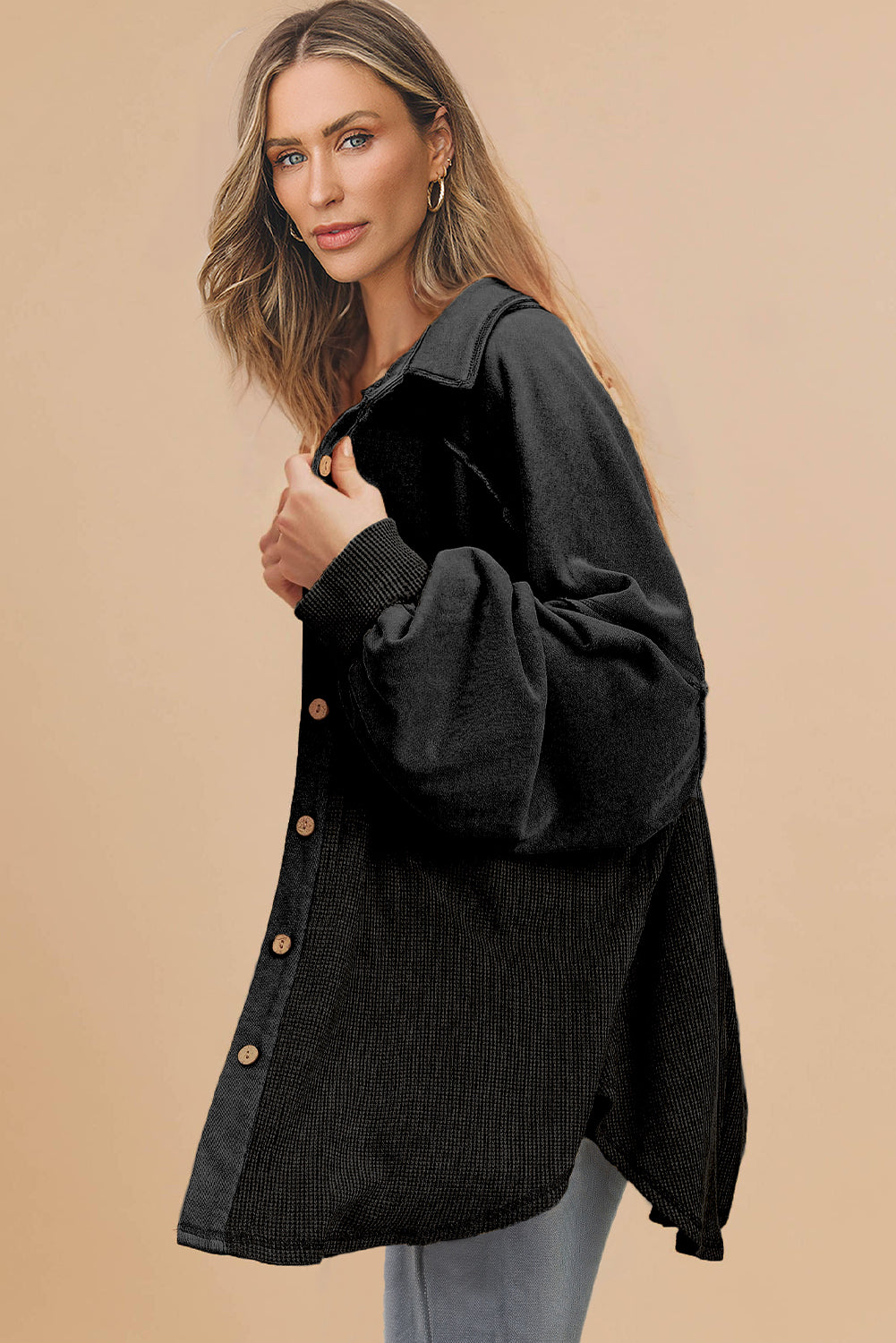 Medium Grey Waffle Knit Patchwork Exposed Seam Loose Shacket