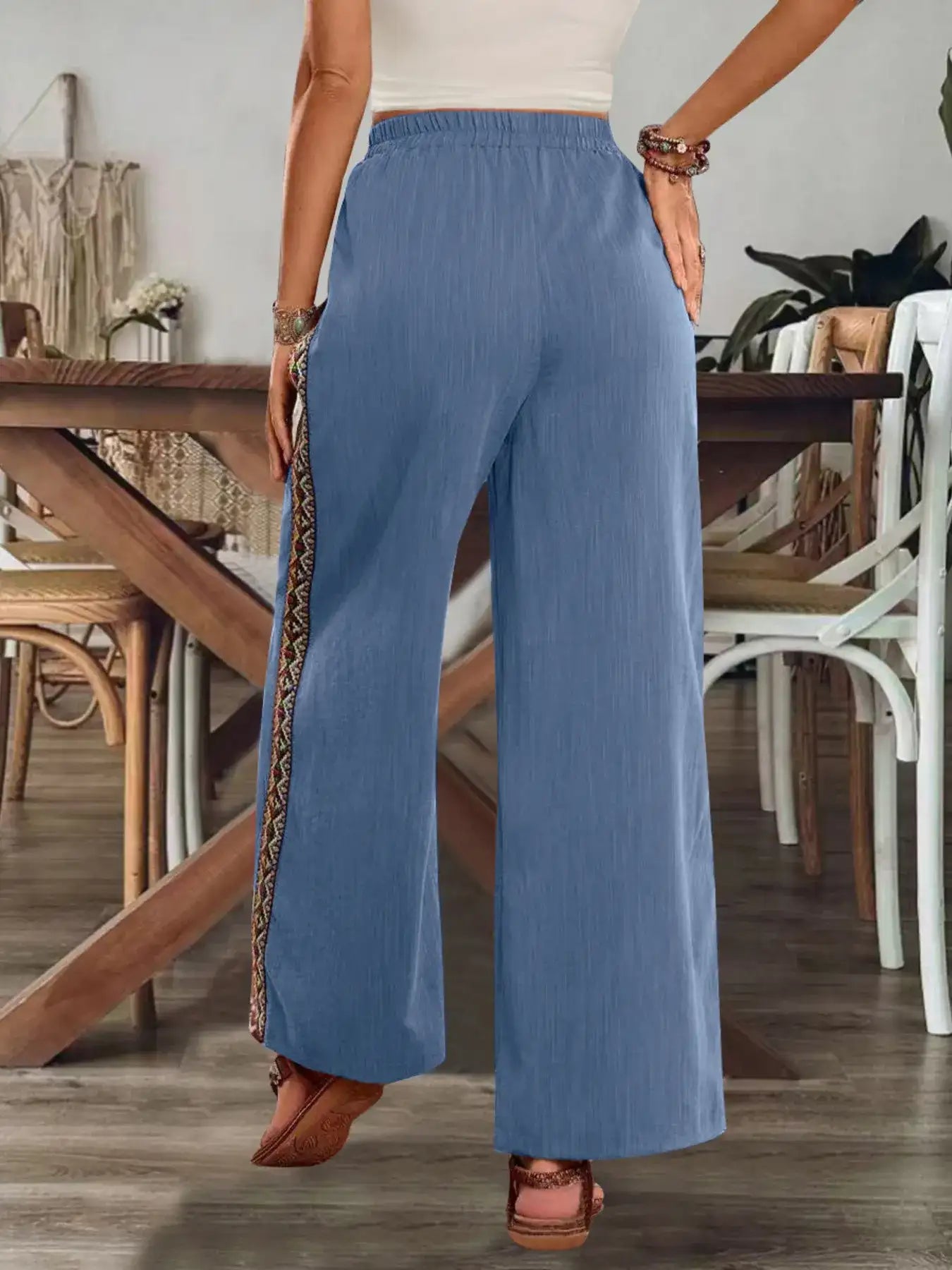 Bohemian Wide Leg Embroidered Side Stripe Pants