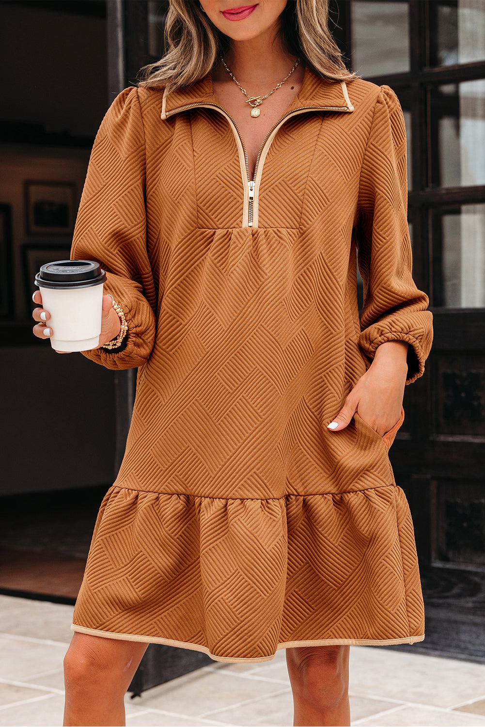 Desert Gold Quarter Zip Collar Bracelet Sleeve Textured Mini Dress