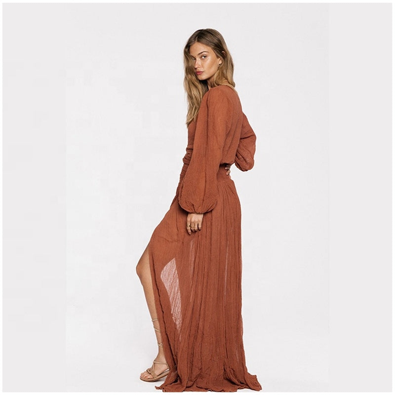 Boho Clothing Bohemian Solid Color Deep v Neck High Split Lantern Sleeve Sexy Dress