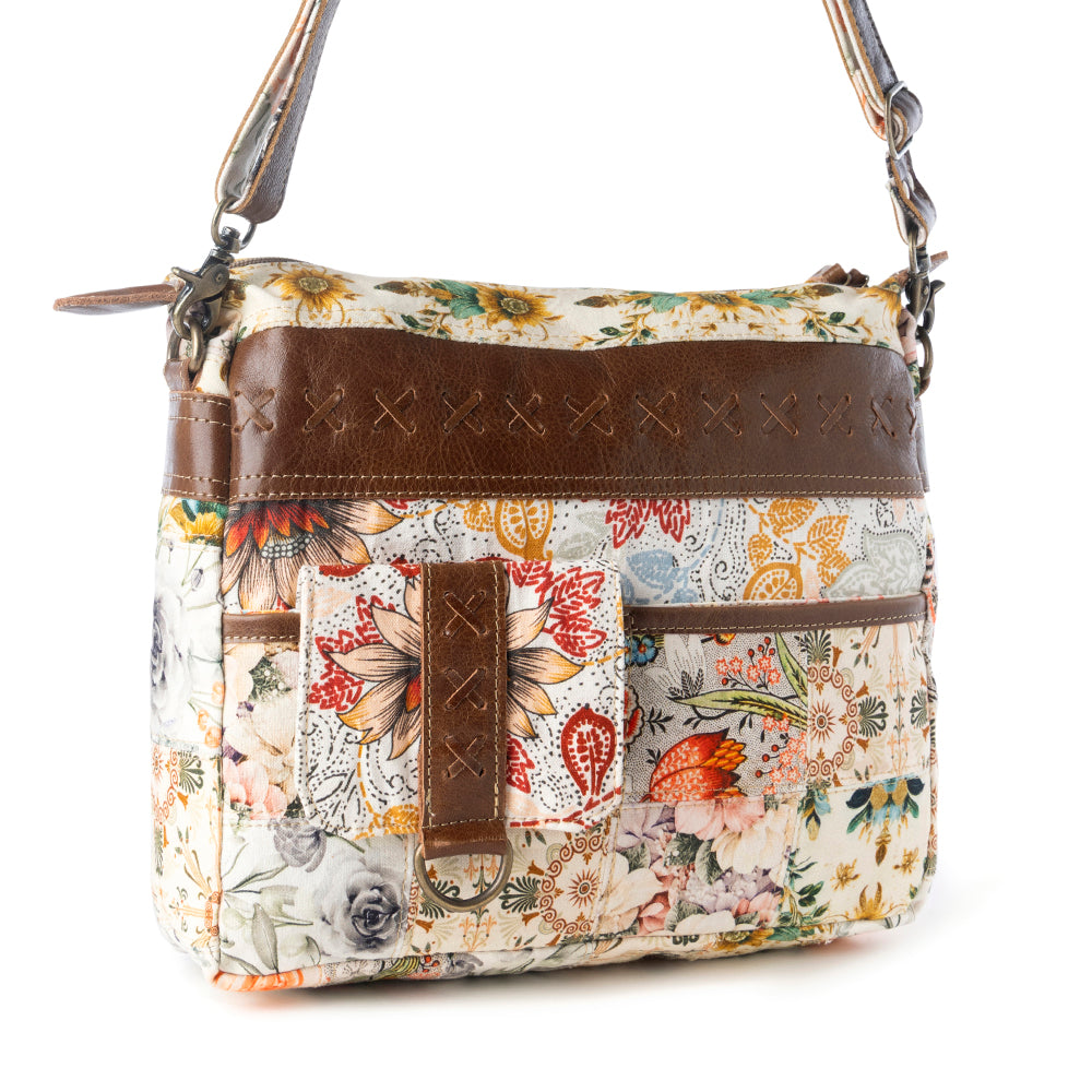 Myra Posy Mesa upcycled canvas Bag for Women in beige with floral detail