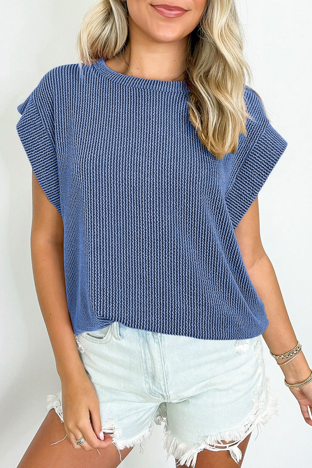 Dirty blue Twisted Rib Wide Sleeve Crew Neck T Shirt