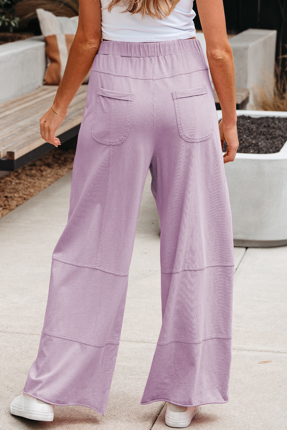 Smoke Gray Mineral Wash Exposed Seam Drawstring Elastic Waistband Wide Leg Cargo Pants