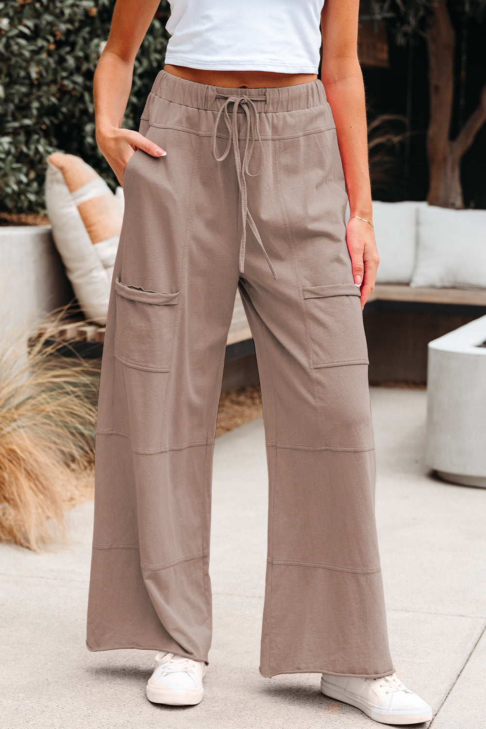 Smoke Gray Mineral Wash Exposed Seam Drawstring Elastic Waistband Wide Leg Cargo Pants